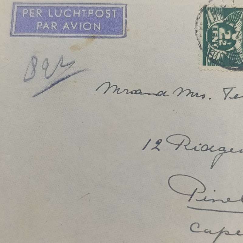 1946 Cover airmail Beekberg, Netherlands to Pinelands, South Africa with 3 Netherlands stamps