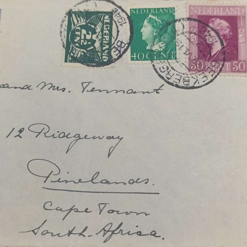 1946 Cover airmail Beekberg, Netherlands to Pinelands, South Africa with 3 Netherlands stamps