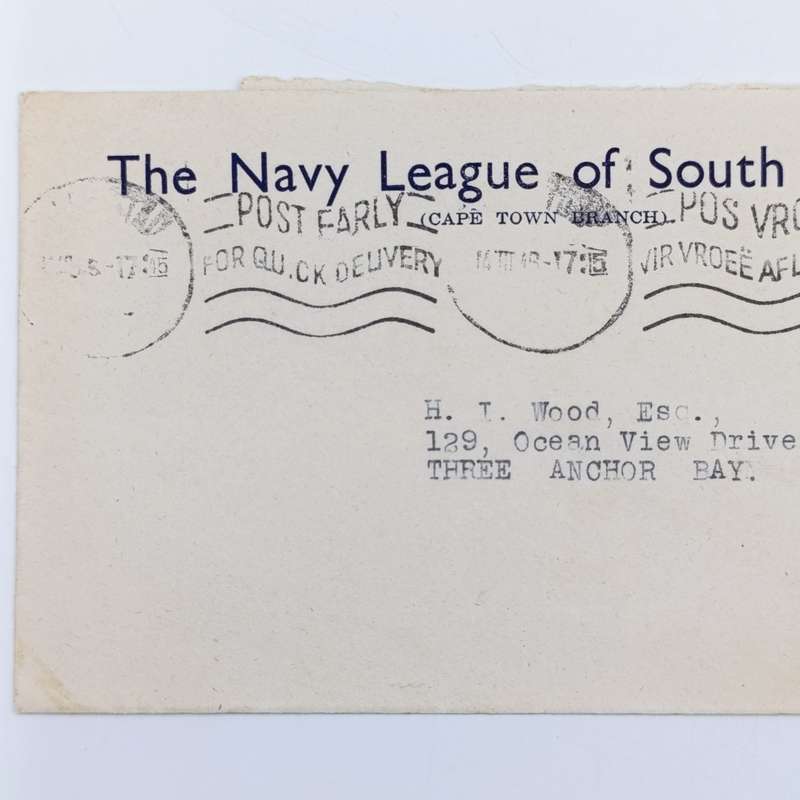 1946 Navy League of South Africa cover with Purple Navy Seaman stamp