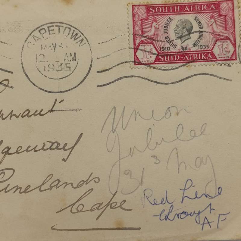 31 May 1935 Cover - Cape Town to  Pinelands 1d stamp with red line through AF of Suid Afrika