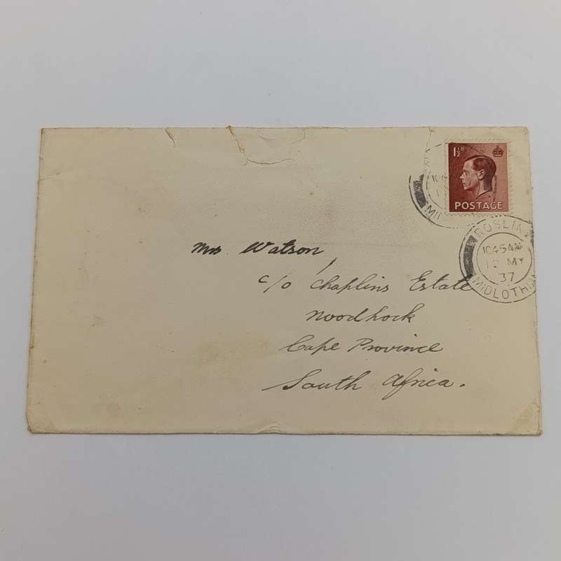 1937 Cover Roslin, Midlothian - Scotland to Noordhoek South Africa with 1 1/2d stamp