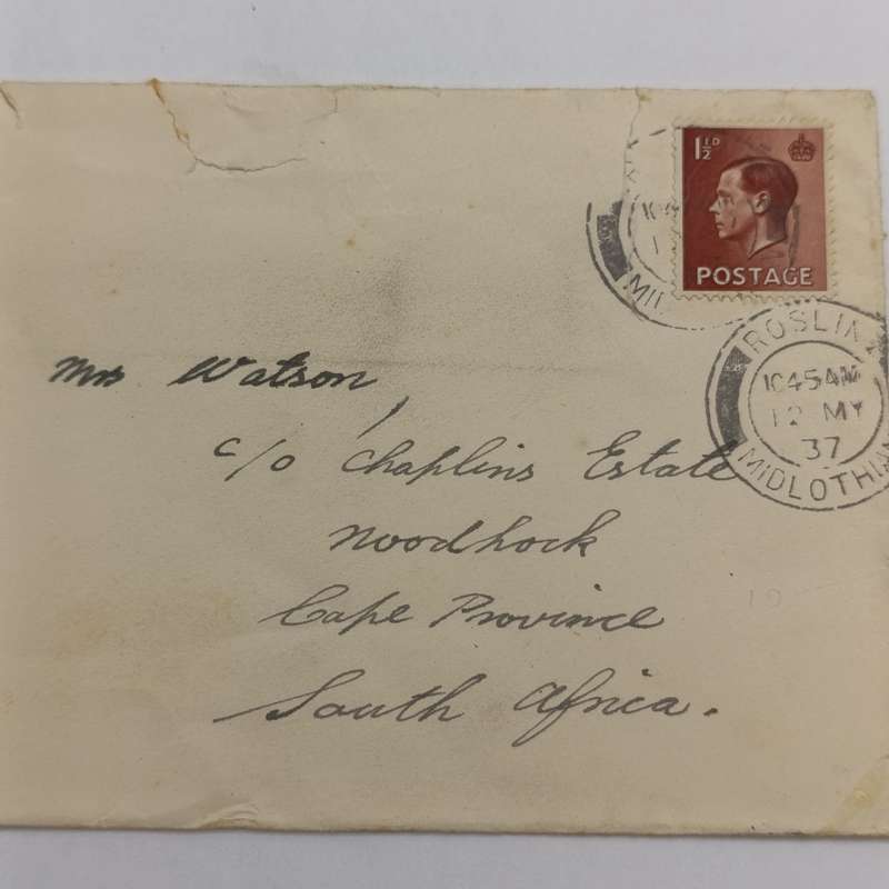 1937 Cover Roslin, Midlothian - Scotland to Noordhoek South Africa with 1 1/2d stamp