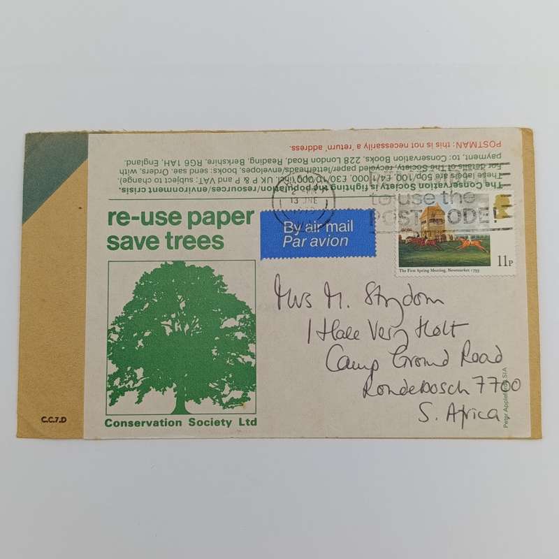 1979 Conservation society - Re-used paper Airmail cover from Chriswick, Britain to Rondebosch