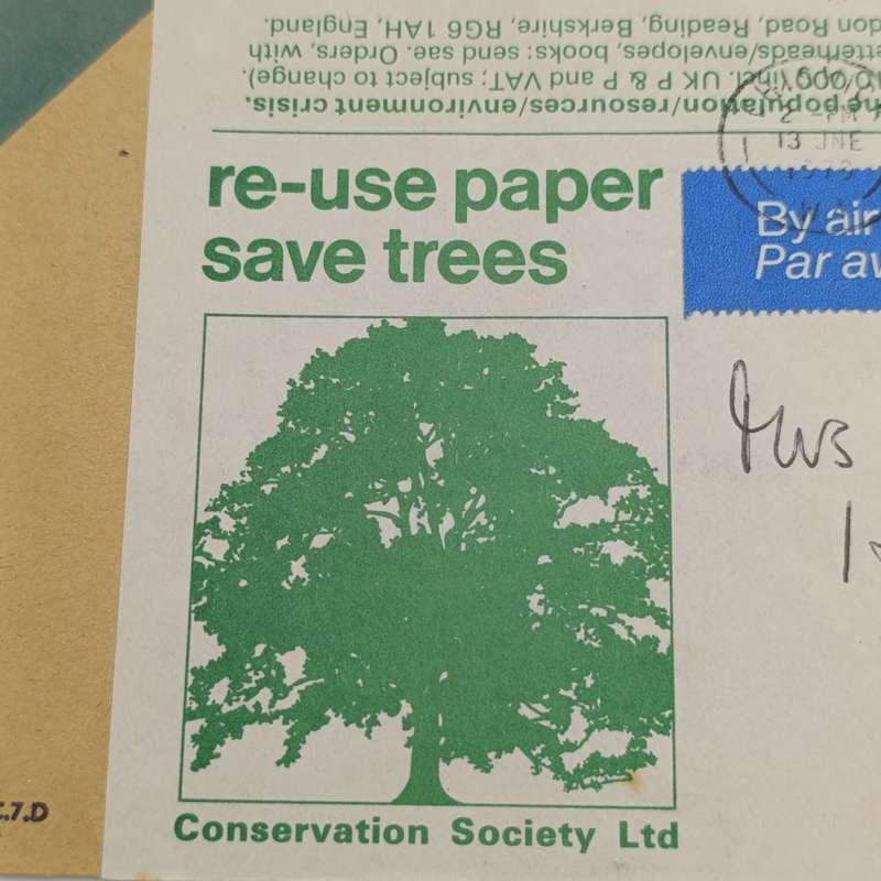 1979 Conservation society - Re-used paper Airmail cover from Chriswick, Britain to Rondebosch