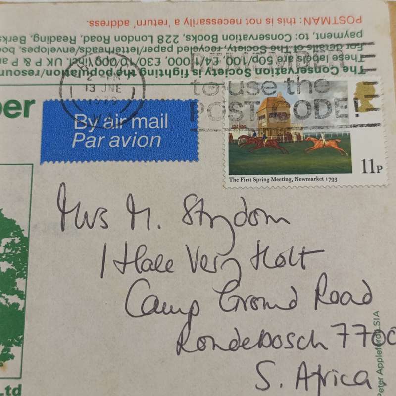 1979 Conservation society - Re-used paper Airmail cover from Chriswick, Britain to Rondebosch