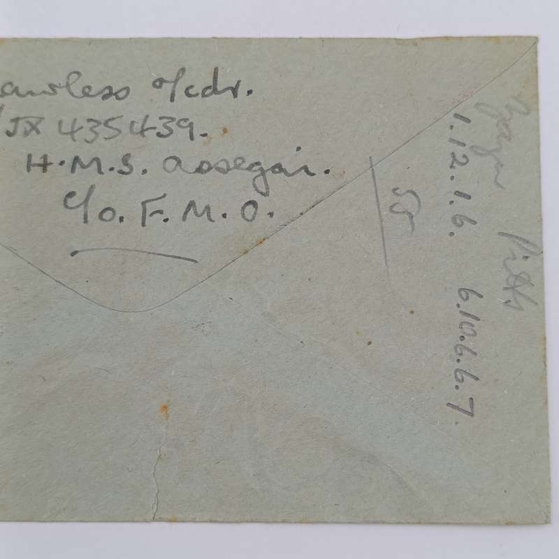 WW2 on Active Service cover Red Cross rubber stamp - ON NAVAL SERVICE rubber cancel HMS ASSEGAI