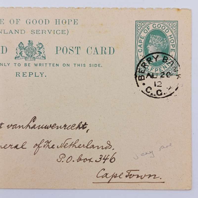 1912 Cape of Good Hope Reply paid card BERRY BANK Cape of Good Hope Cancel - very rare