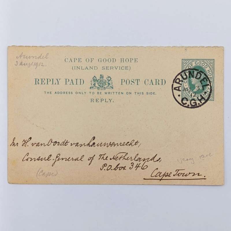 1912 Cape of Good Hope prepaid reply card posted ARUNDEL to Cape Town - very rare