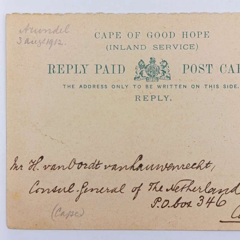 1912 Cape of Good Hope prepaid reply card posted ARUNDEL to Cape Town - very rare