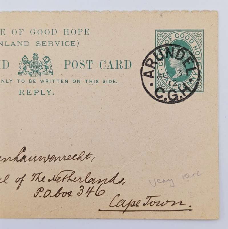 1912 Cape of Good Hope prepaid reply card posted ARUNDEL to Cape Town - very rare