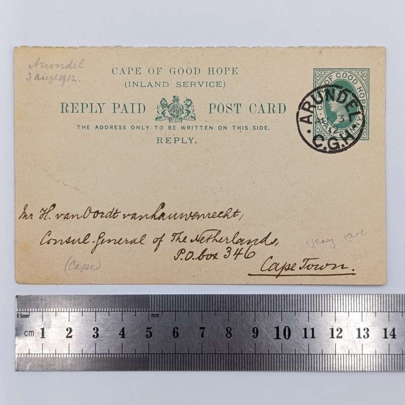 1912 Cape of Good Hope prepaid reply card posted ARUNDEL to Cape Town - very rare