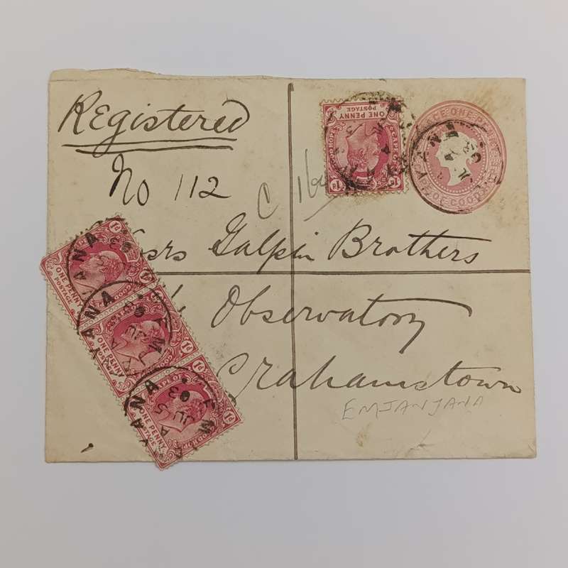 Emjanyana 1903 registered Cover to Grahamstown on prepaid Envelope - uprated - rare
