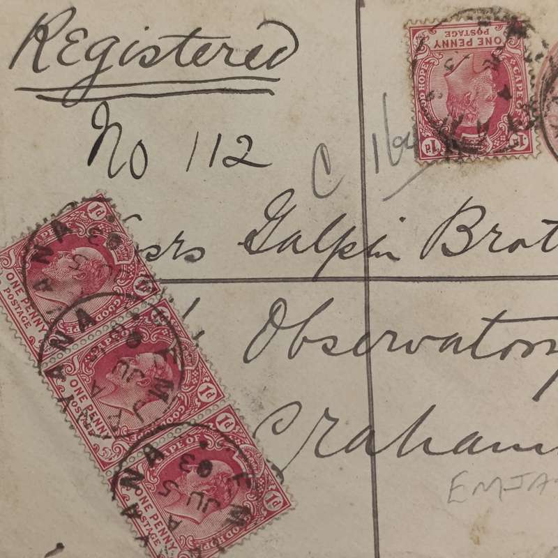 Emjanyana 1903 registered Cover to Grahamstown on prepaid Envelope - uprated - rare