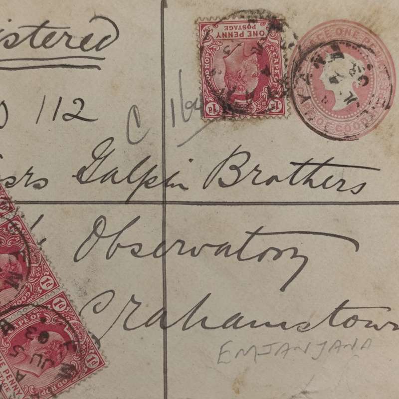 Emjanyana 1903 registered Cover to Grahamstown on prepaid Envelope - uprated - rare