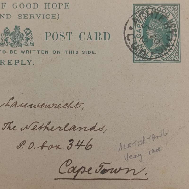 1912 Cape of Good Hope prepaid postcard posted Beervlei (Rare) to Cape Town