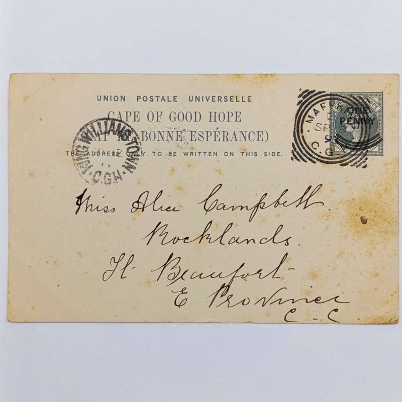 1898 pre printed card three half penny postage overprinted one penny - Mafeking to Fort Beaufort
