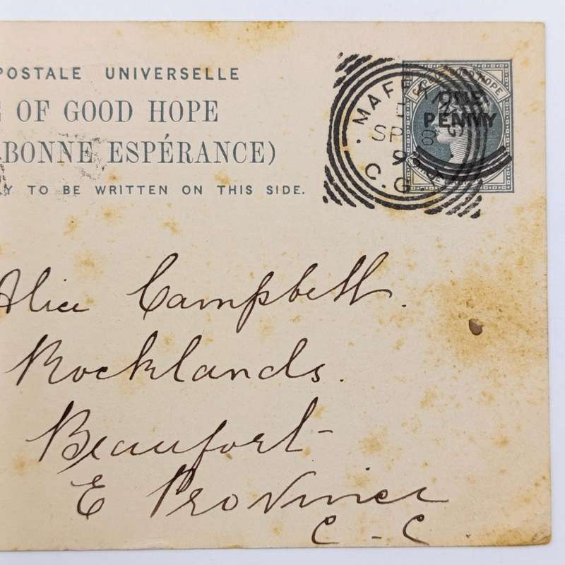1898 pre printed card three half penny postage overprinted one penny - Mafeking to Fort Beaufort