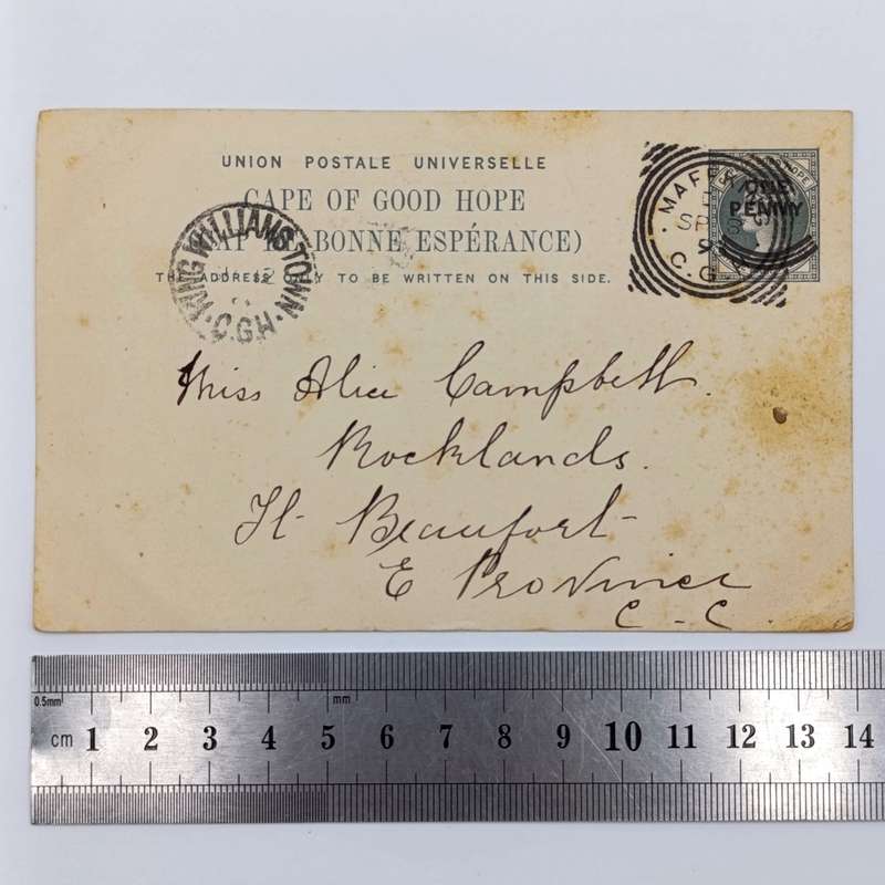 1898 pre printed card three half penny postage overprinted one penny - Mafeking to Fort Beaufort