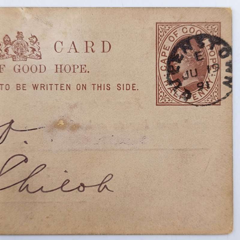 Cape of Good Hope Bank acknowledgement card changed to Standard Bank 1891 posted Queens Town