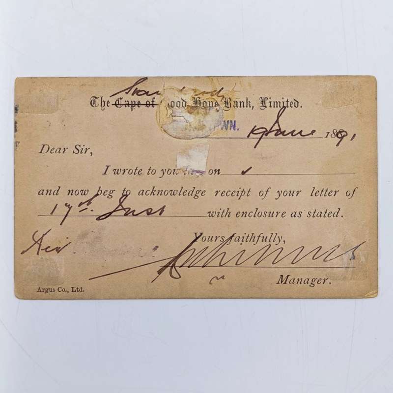 Cape of Good Hope Bank acknowledgement card changed to Standard Bank 1891 posted Queens Town