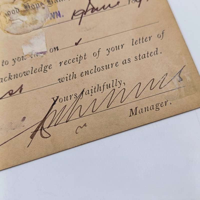 Cape of Good Hope Bank acknowledgement card changed to Standard Bank 1891 posted Queens Town