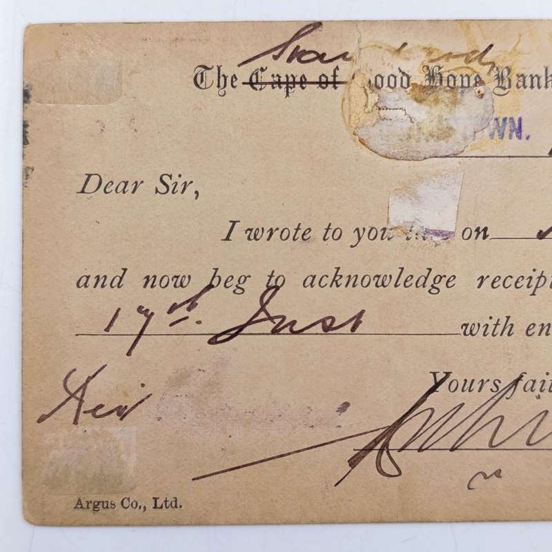 Cape of Good Hope Bank acknowledgement card changed to Standard Bank 1891 posted Queens Town