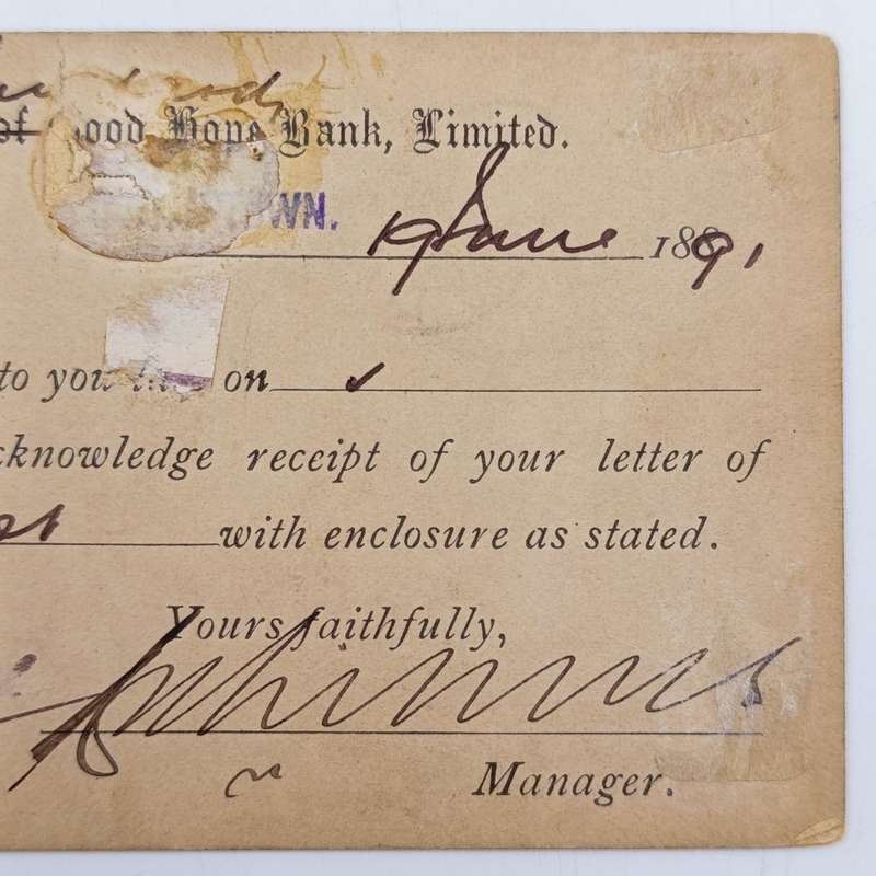 Cape of Good Hope Bank acknowledgement card changed to Standard Bank 1891 posted Queens Town