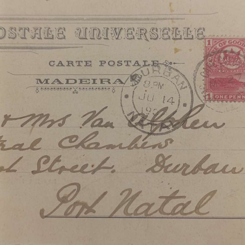 1907 Postcard Cape Columbine, Cape of Good Hope to Durban on Medeira postcard Ocean Post office