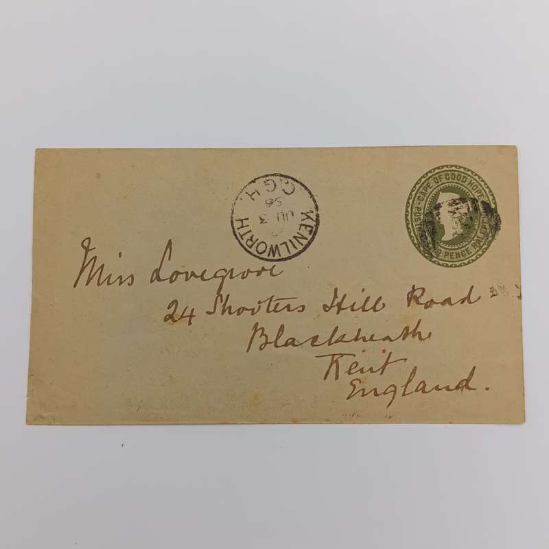 1896 letter on prepaid 2 1/2 pence envelope from Kenilworth, Cape of Good Hope to Kent