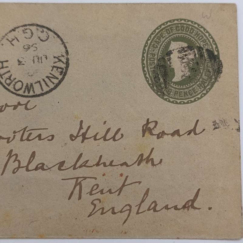 1896 letter on prepaid 2 1/2 pence envelope from Kenilworth, Cape of Good Hope to Kent