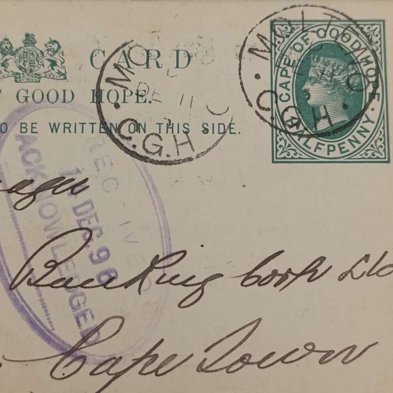 Pre Printed postage postcard - Molteno, Cape of Good Hope to Cape Colony 1896 with receipt