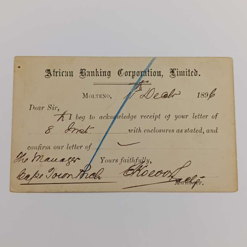 Pre Printed postage postcard - Molteno, Cape of Good Hope to Cape Colony 1896 with receipt