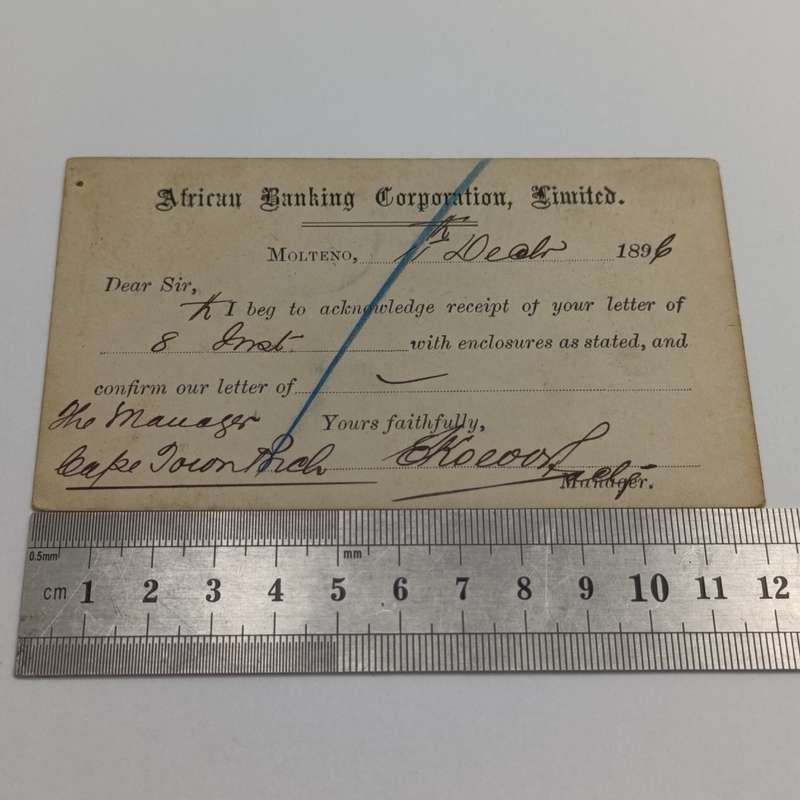 Pre Printed postage postcard - Molteno, Cape of Good Hope to Cape Colony 1896 with receipt