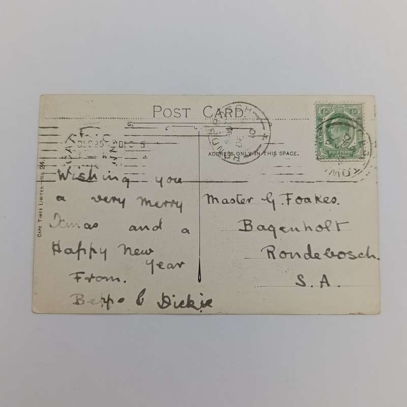 Postcard Cape Town to Rondebosch 1910 with Christmas Day cancellation plus Boxing day