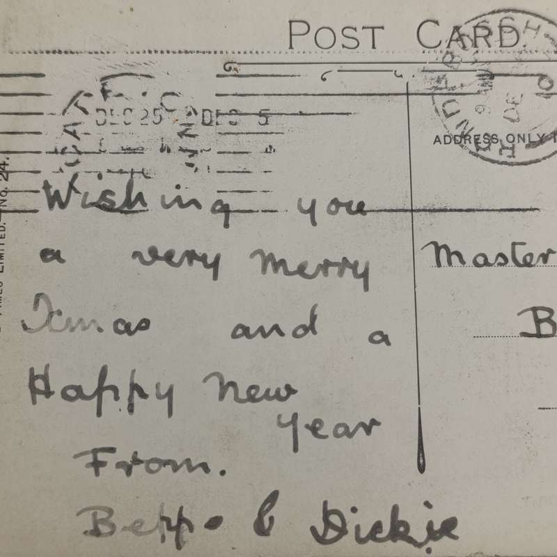 Postcard Cape Town to Rondebosch 1910 with Christmas Day cancellation plus Boxing day