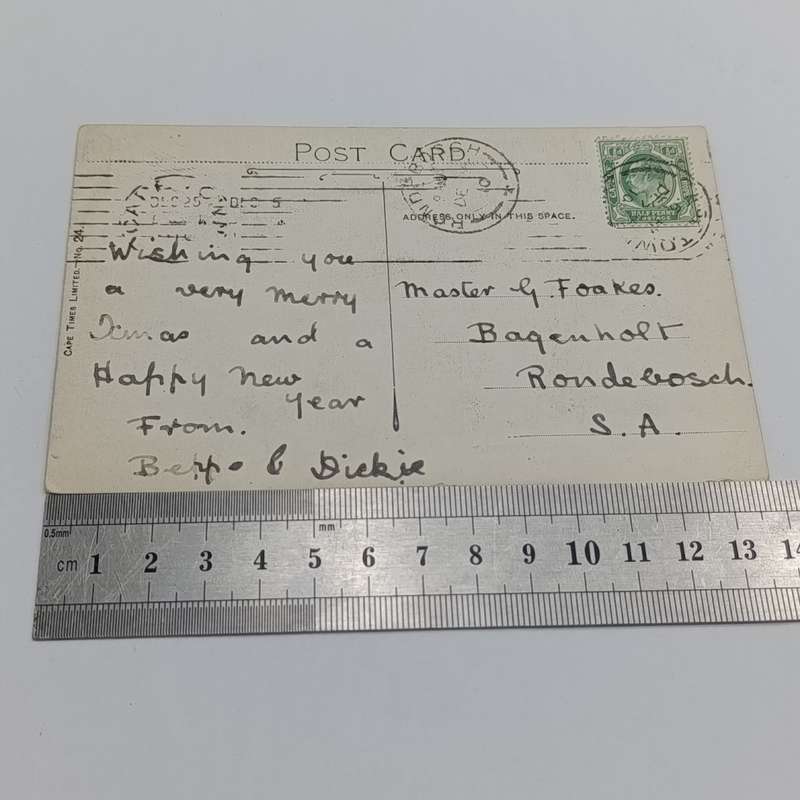 Postcard Cape Town to Rondebosch 1910 with Christmas Day cancellation plus Boxing day