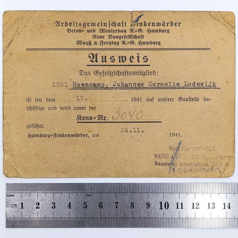 1941 WW2 Hamburg Proof of appointment as construction worker - Identification JCL Hoencamp