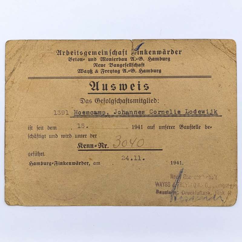 1941 WW2 Hamburg Proof of appointment as construction worker - Identification JCL Hoencamp