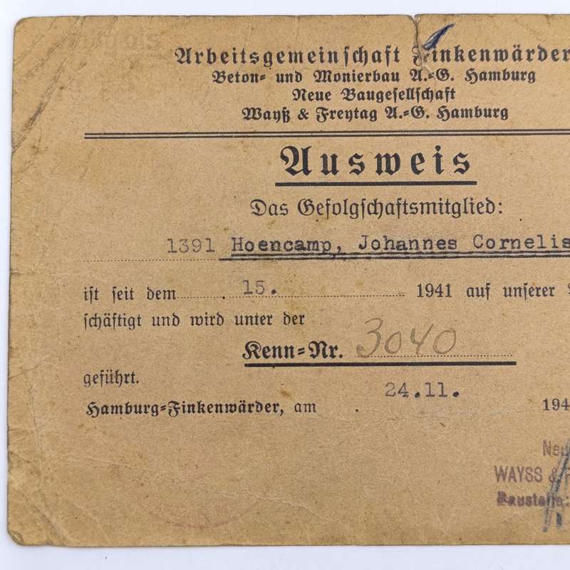 1941 WW2 Hamburg Proof of appointment as construction worker - Identification JCL Hoencamp