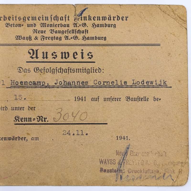 1941 WW2 Hamburg Proof of appointment as construction worker - Identification JCL Hoencamp