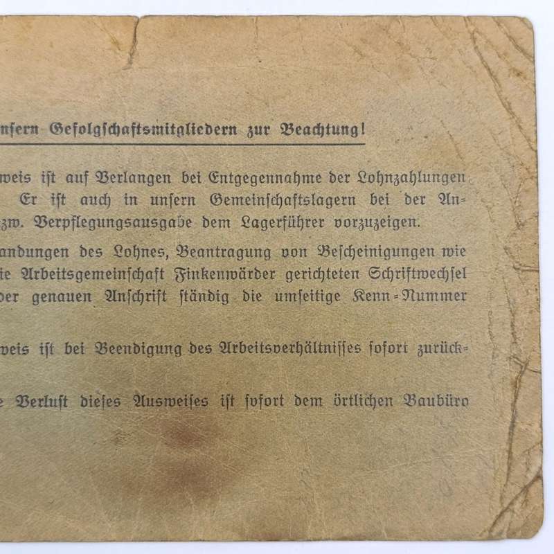 1941 WW2 Hamburg Proof of appointment as construction worker - Identification JCL Hoencamp