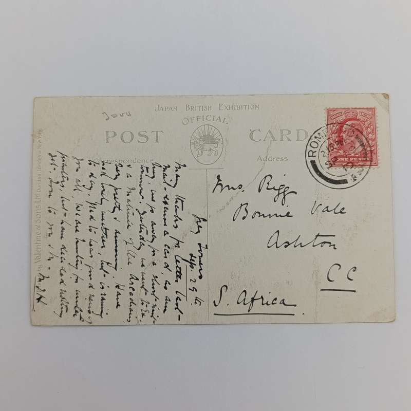 1910 Postcard Romford, England to Ashton, Cape Colony with one penny stamp