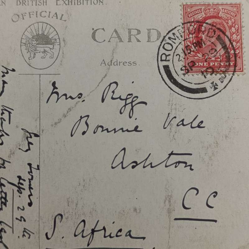 1910 Postcard Romford, England to Ashton, Cape Colony with one penny stamp