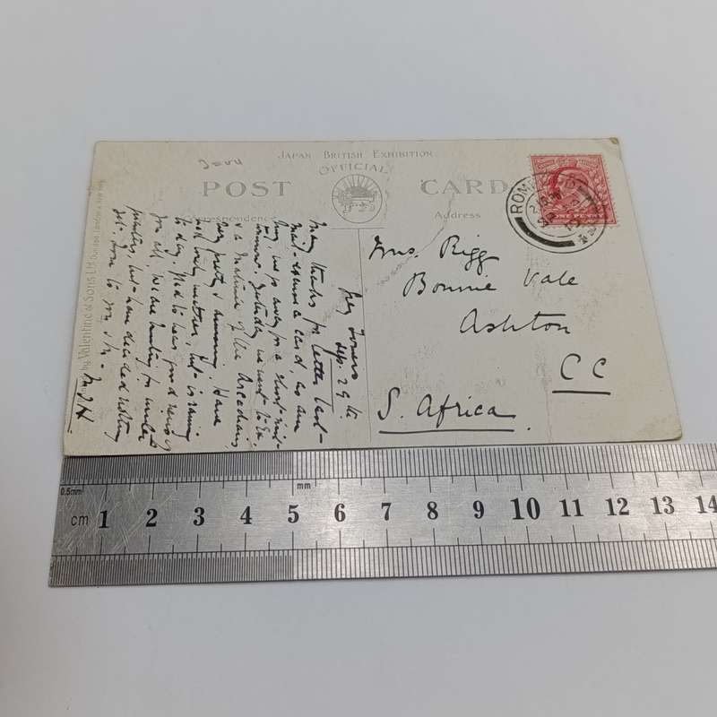 1910 Postcard Romford, England to Ashton, Cape Colony with one penny stamp