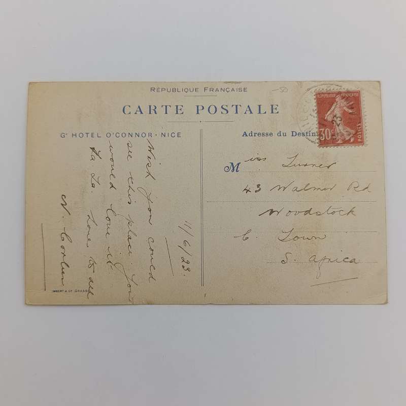 1923 Postcard NICE, France to Woodstock, South Africa with 30c French stamp