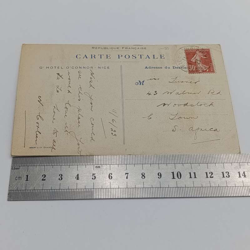 1923 Postcard NICE, France to Woodstock, South Africa with 30c French stamp