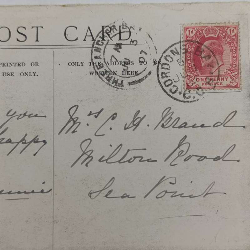1907 Postcard Gordons Bay to Sea Point with Three Anchor Bay receiving cancel