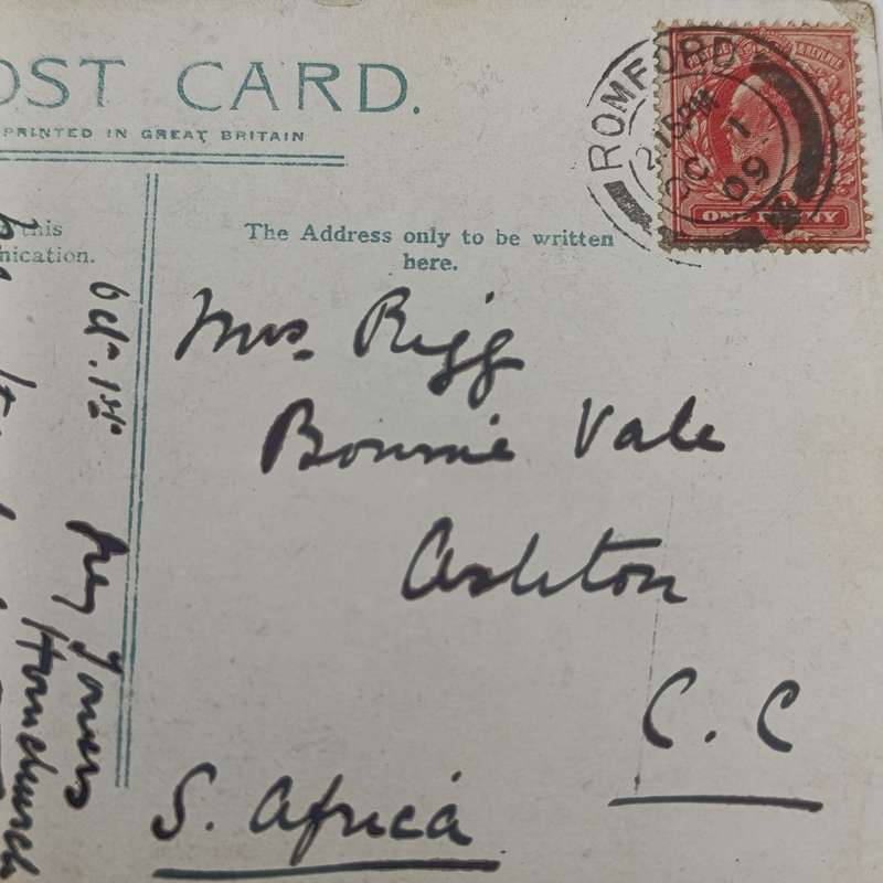 1909 Postcard from Romford, England to Ashton, Cape Colony