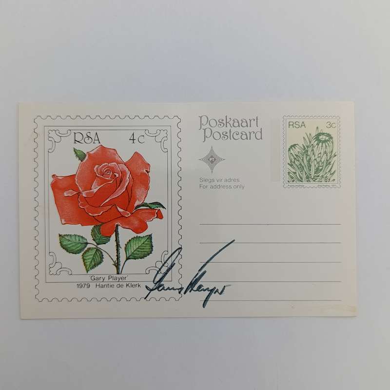 1979 South Africa Rose postcard with Gary Player rose - signed by Gary Player
