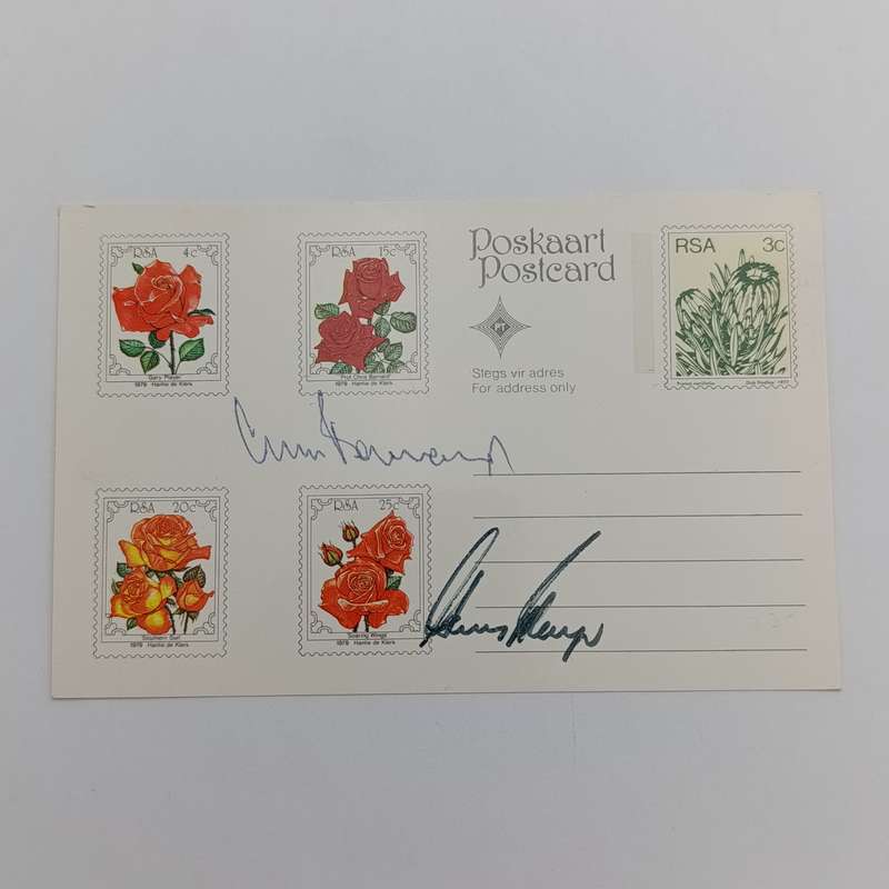 1979 South Africa Rose postcard with Gary Player and Prof Chris Barnard roses - signed by them both